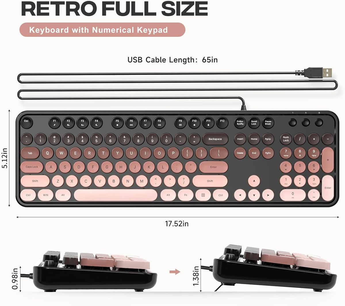 Dilter Wired Computer Keyboard, Full-Size USB Keyboard with Round Keycaps & Numeric Keypad, Plug-and-Play for Windows 7 8 10 11, PC, Laptop, Desktop, Home, Office