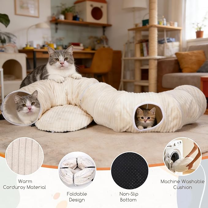 Cat Tunnel for Indoor Cats - Collapsible Foldable Play Tunnel with Cat Toys for Kittens & Rabbits, Fun Interactive Pet Toys for Enrichment & Hiding, Large Durable Crawl Tube for Playtime and Exercise