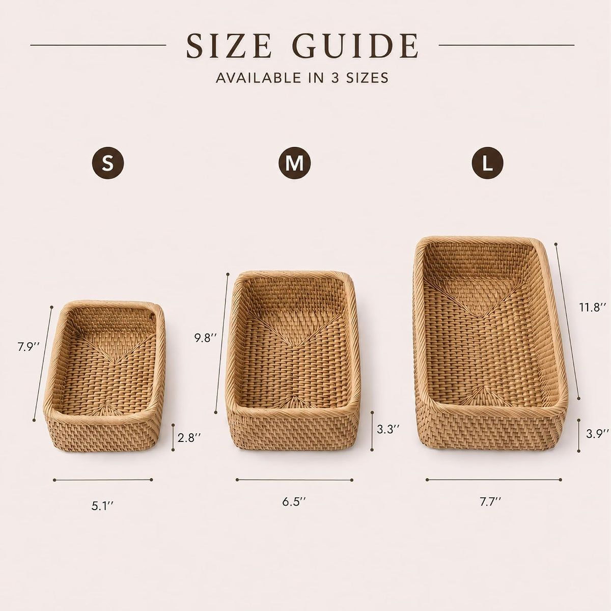 Yangqihome Natural Rattan Storage Baskets, Rectangular Woven Fruit Baskets, Decorative Wicker Basket and Small Baskets for Organizing (Set of 3)