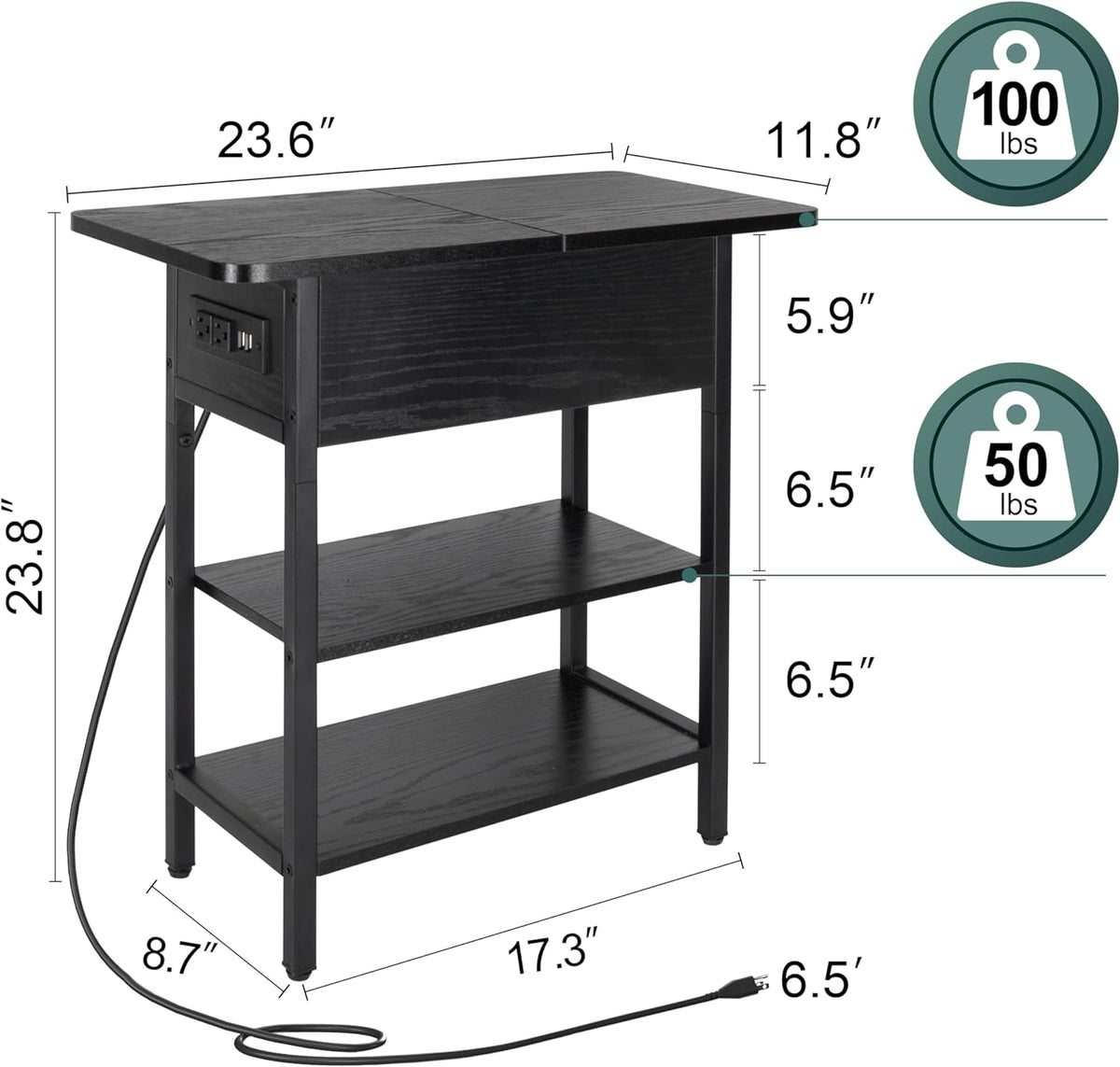 Yoobure End Table with Charging Station, Flip Top Side Table with USB Ports and Outlets, Sofa Couch Table Bedside Table for Living Room Bedroom, Narrow Nightstand with Storage Shelves for Small Space