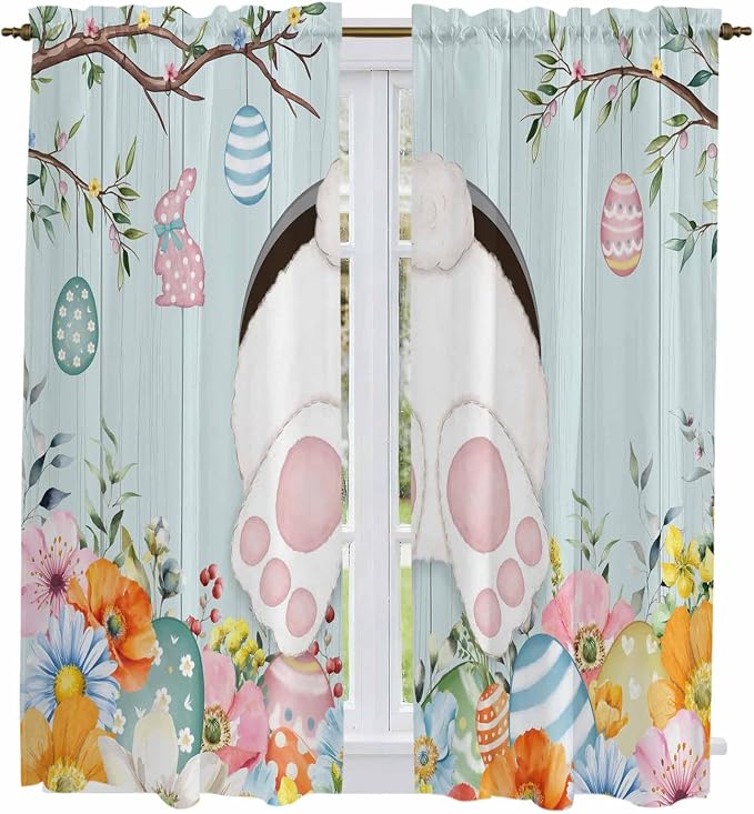 Easter Bunny Window Curtains 63 Inch Long 2 Panel Set, Rod Pocket Bedroom