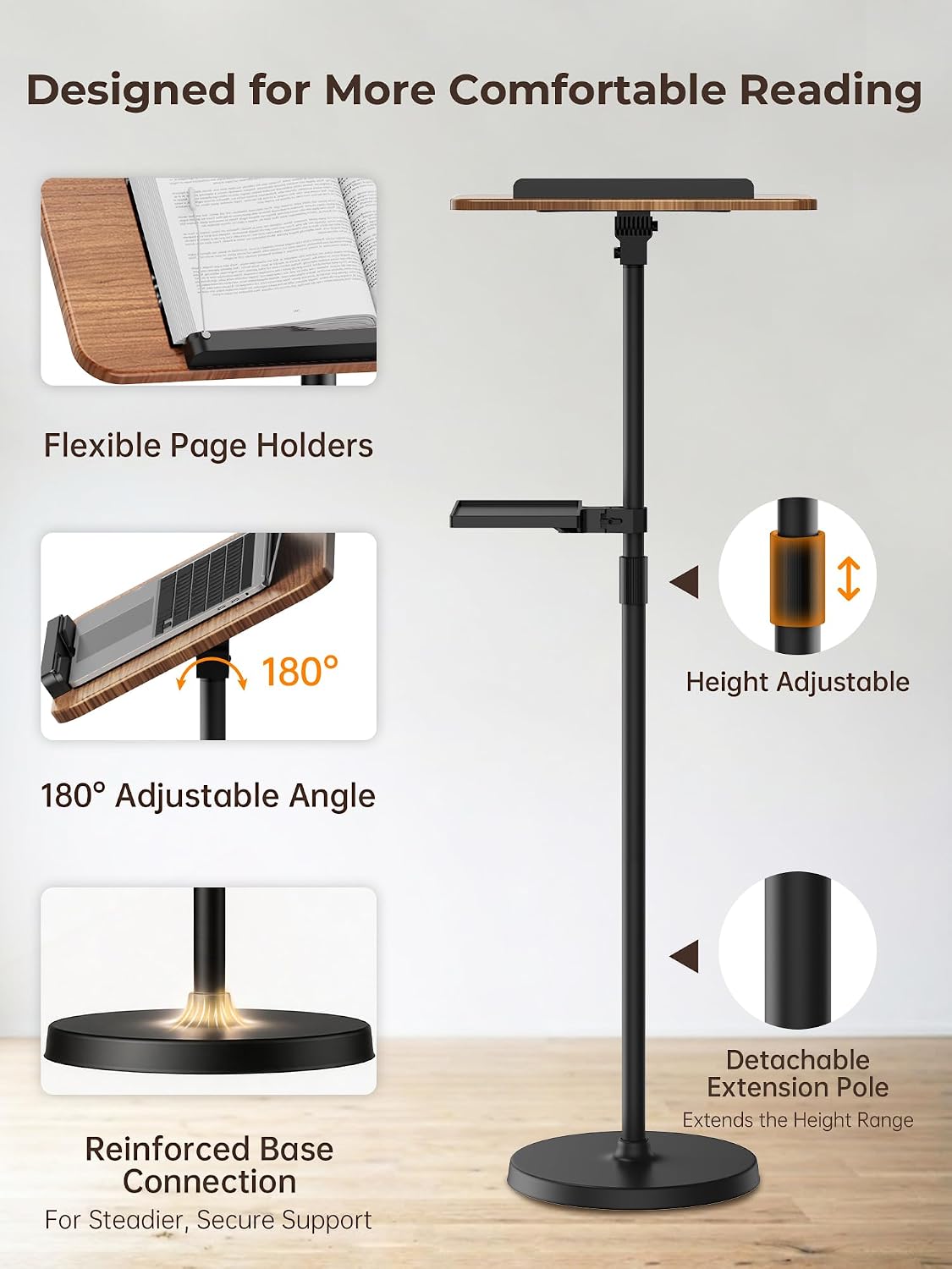 Floor Book Stand for Reading, Height & Angle Adjustable, Supports 22lbs