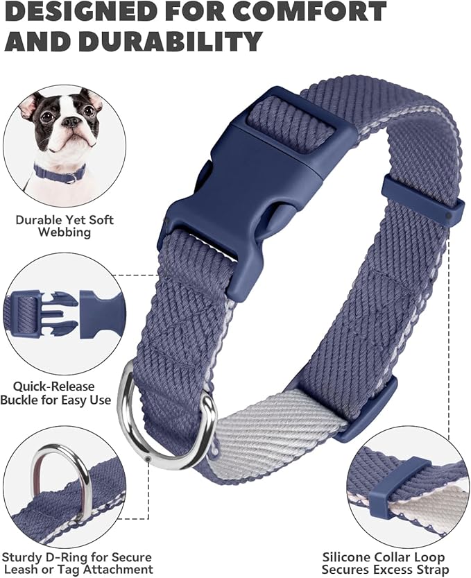 Dynmeow Soft and Breathable Cotton Dog Collar, Durable Adjustable Pet Collar with Quick-Release Buckle, Lightweight for Sensitive Skin for Small and Medium Dogs, Navy-Blue, S