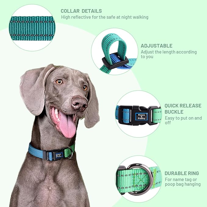 Roses&Poetry Collars for Dogs, Adjustable Reflective Durable Pet Collars for Small Medium Large Dogs (Bluegreen-XS)