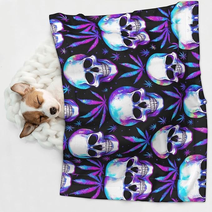 Double Sided Pet Bed Blanket for Added Cushion Warmth, Blue Weedleaf Trippy Skull Crossbones Black, Reversible Cover with Textured Dot Surface for Existing Beds Standalone Mat