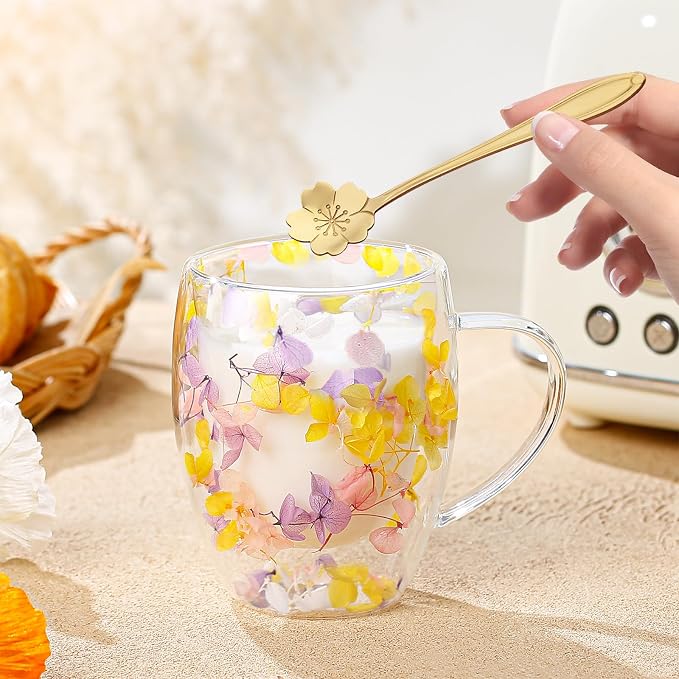 Double Wall Glass Coffee Mugs, Aesthetic Dried Flowers Cups