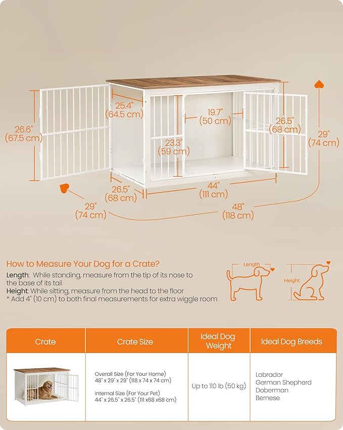 Feandrea Wooden Dog Crate Furniture, 48 Inches Heavy-Duty Kennel for Dogs up to 110 lb, with Double Doors and Enclosed Wood Base, Modern Pet Cage End Table Indoor, Rustic White and Honey Brown