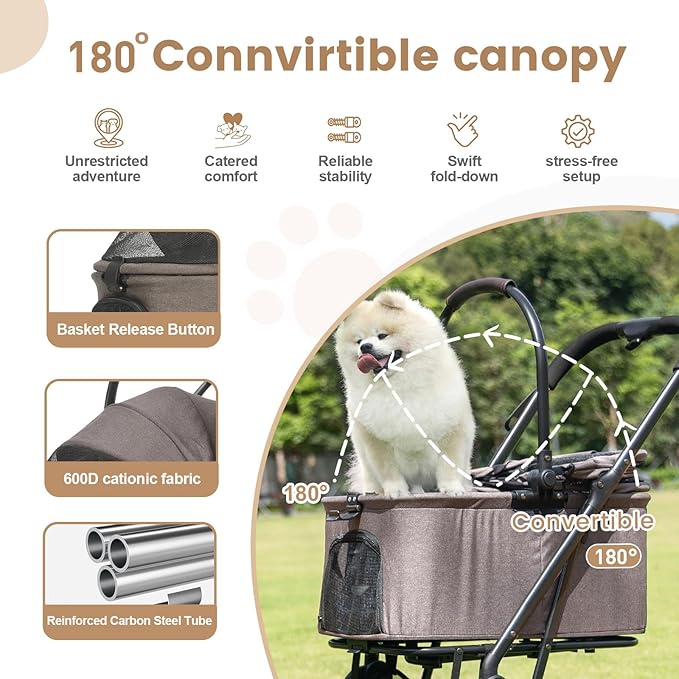 Wdyvko 3 in 1 Dog Stroller, Upgraded Frame, Up to 44lbs Pet Stroller with Dog Poop Bags & Dispenser, Zipperless Entry, Storage Basket & Pouch for Small Dogs Cats (Coffee)