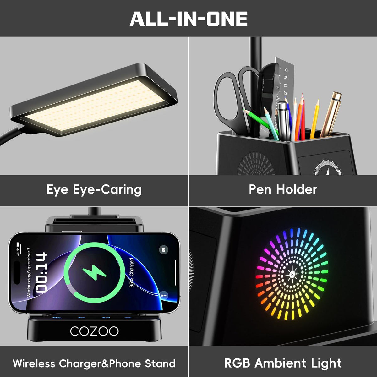 cozoo LED Desk Lamps for Home Office with Storage,15W Fast Wireless Charger