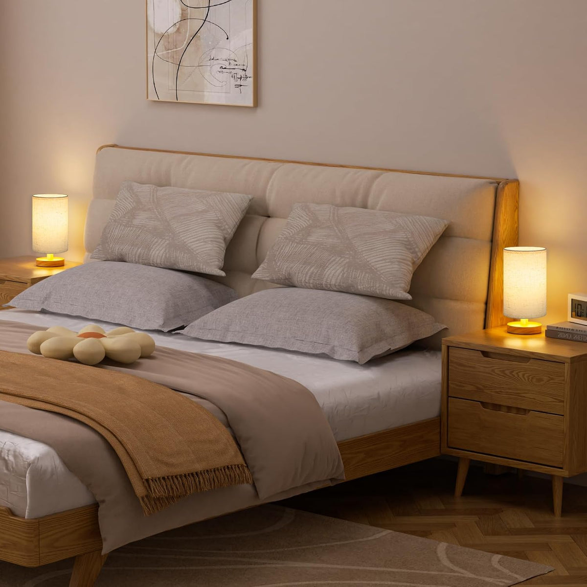 Fenmzee 8.5" Small Table Lamps Set of 2 - Light Beige Shade & Wood Base