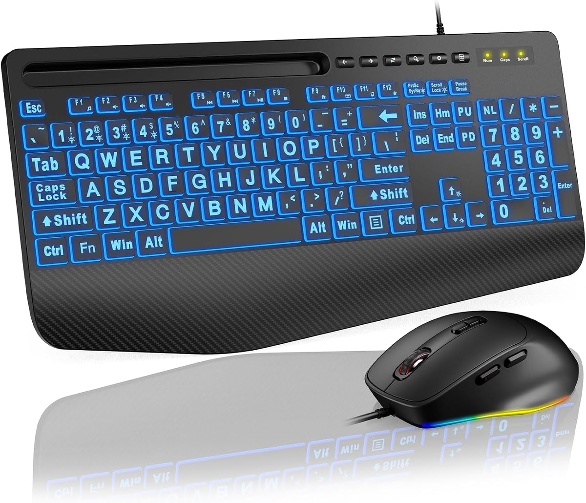 SABLUTE Wired Large Print Backlit Keyboard and Mouse Combo with Palm Rest