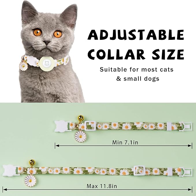 Airtag Cat Collar, JXFUKAL Kitten Collar Breakaway with Silicone Airtag Holder, Bells & Flower Charm for Girl Cats Boy Cats Small Dogs(Luminous Green)
