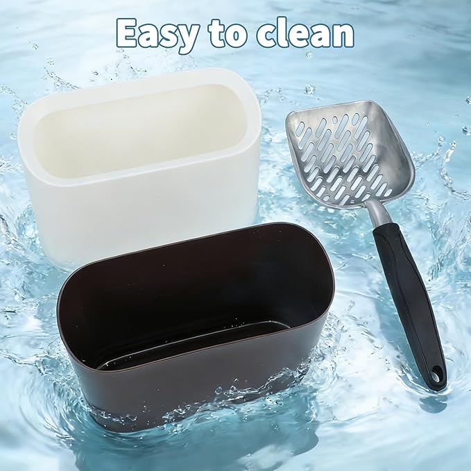 Heavy-Duty Cat Litter Scoop with Holder, Metal Cat Scooper and Detachable Trash Can,Aluminum Kitty Poop Shovel Captures All Clumps,Speed Sifter Litter Box Scooper and Caddy with Lid(White)