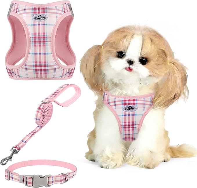 Gyuzh No Pull Dog Harness - 3-in-1 Step in Harness Collar Leash Set for Small Dog Walking & Training, Easy Walk Style, Lightweight Plaid Vest (Pink, M)