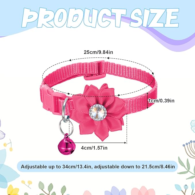 6 PCS Flower Kitten Collar with Bell, Adjustable Cute Cat Collar with Rhinestone for Female, Breakaway Small Kitten Collars, 6 Colors