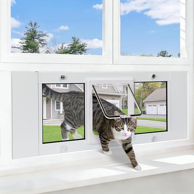Full Size Cat Door Window Insert, fits 23'‘-28’' Various Sliding Windows, 4 Flexible Locking Modes, High-Definition, high-Transparency cat Door for Windows, Magnetic Reset Design