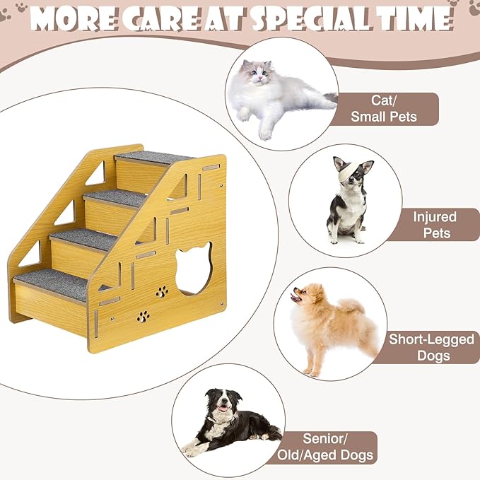 Dog Stairs for Small Dogs, 4-Step Dog Steps for Beds or Couches, Wood Pet Stairs for Small Pets, 15" H Cat Stairs for Doggie,Old Cats, Small Animals