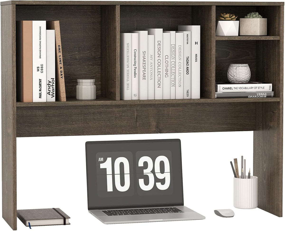 LDAILY Desktop Bookshelf, 2-Tier Office Desk Shelf Organizer with 4 Shelves, 37’’L Wood Storage Rack Display Shelf for Computer Desk, Office, Dorm, Bedroom (Grey)