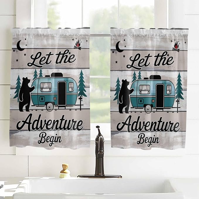 Farmhouse Bear Camper Van Tree Window Valance Curtains, Vintage Wood Grain