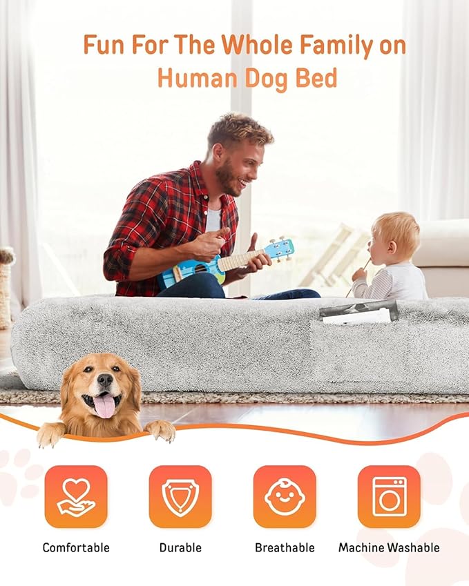 YEFU Human Dog Bed for Adult : Dog Bed Large Size for Human People Pet Kids - Human Sized Dogs beds 79"x45"x12" - Dogs Humans Beds Comfortable Foam Washable for Sleep Nap in Bedroom Light Grey