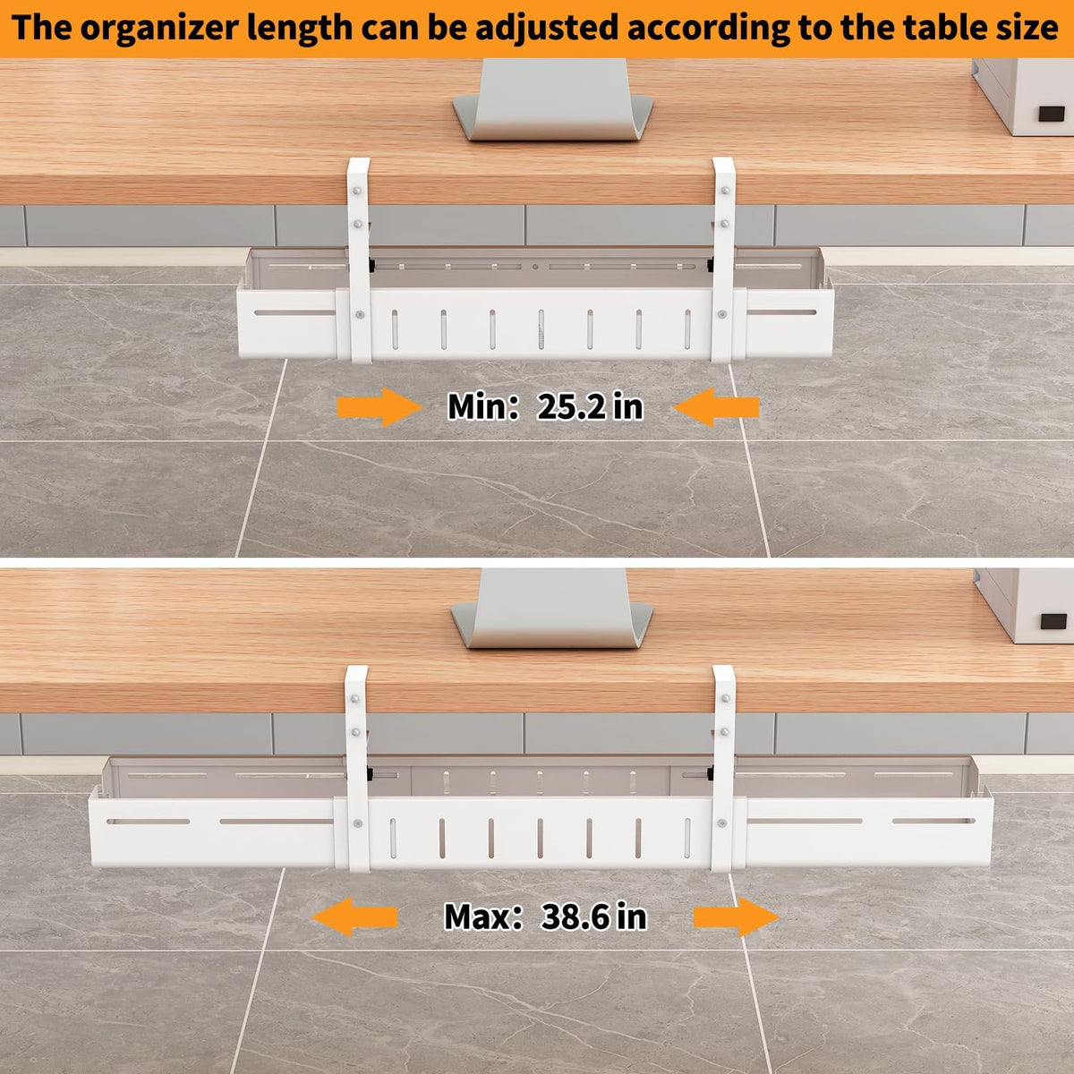 Under Desk Cable Management Tray, Expandable Length 25.2"-38.6",No Drill No Damage to Desk,Cable Tray with Clamp for with Wire Management,for Cord Organizer for Home Office Standing Desk, White