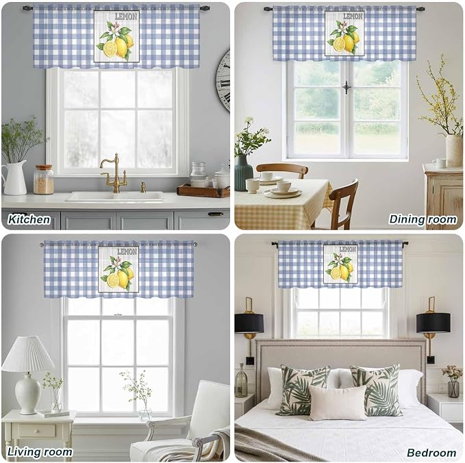 Lemon Sheer Valance Curtains, Summer Fruit Floral Wood Grain Blue Plaid Light