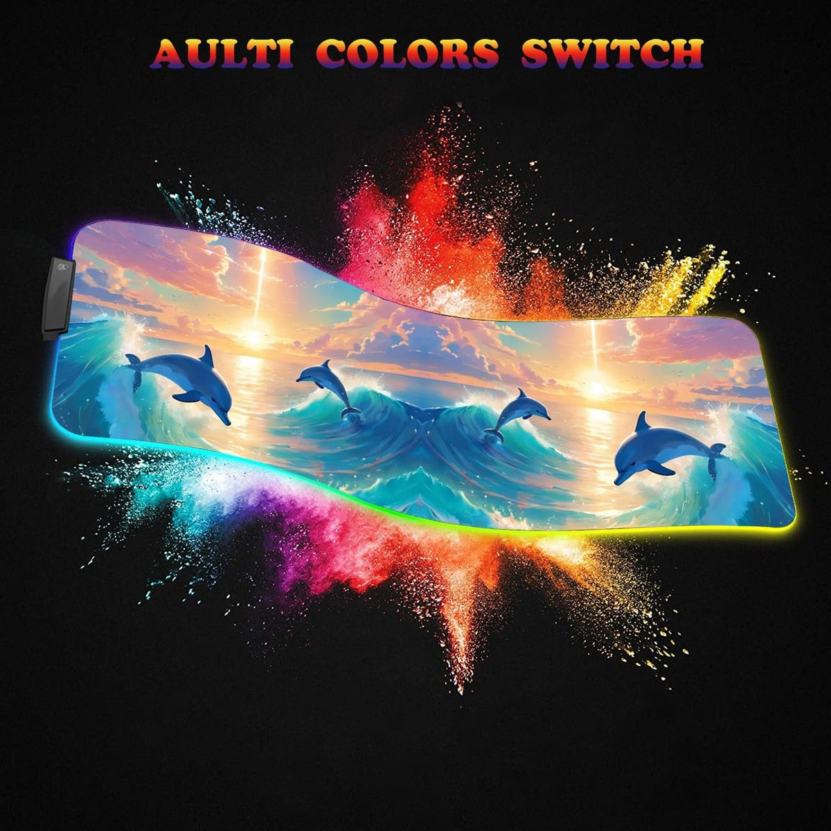 RGB Large Gaming LED Light Edge Mouse Pad + Wrist Rest + Coaster, Non-Slip Extended Waterproof Desk Mat with Stitched Edges 31.5"x11.8" for Work and Gaming, Dolphins in The Moonlight