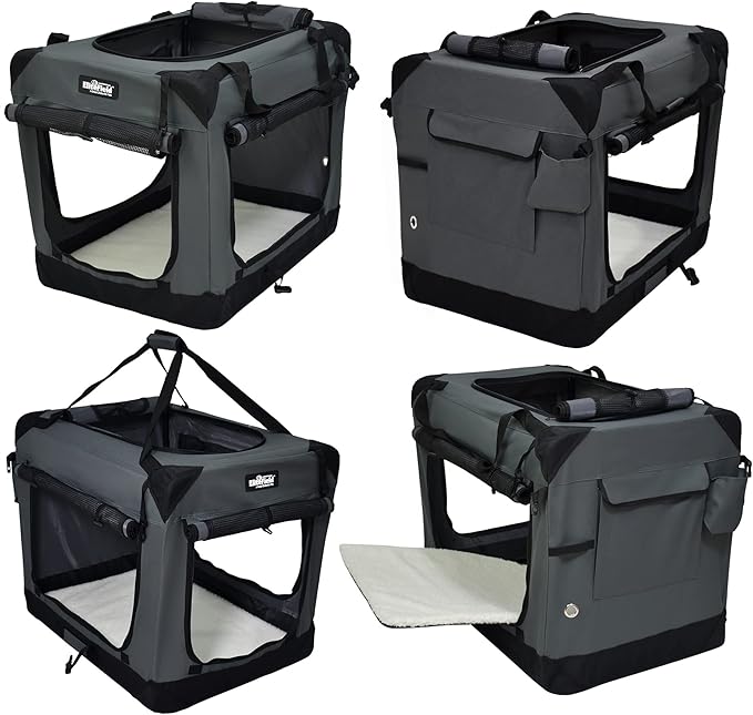 EliteField 4-Door Folding Soft Dog Crate with Curtains, Carrying Bag and Fleece Bed (2 Year Warranty), Indoor & Outdoor Pet Home (36" L x 24" W x 28" H, Gray+4 Door Curtains)