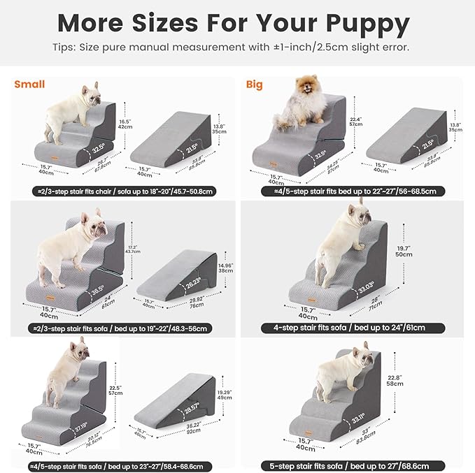 Gardner Pet Dog Stairs for Small Dogs 22.4" H, Large 2 in 1 Transformable 3-Step Pet Stairs and ramp, Dog Steps for High Bed (22-27") with Non-Slip Waterproof Cover CertiPUR-US Certified Foam, Grey