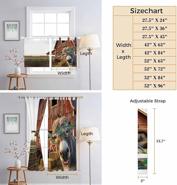 Farm Donkeys Kitchen Curtains 45 Inch Length, Short Cafe Window Curtains Tab Top
