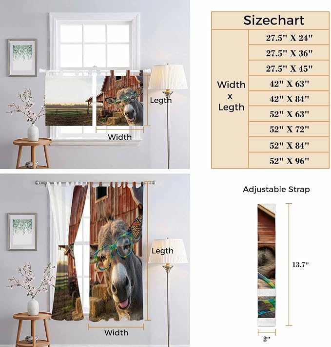 Farm Donkeys Bedroom Curtains 63 Inch Length, Window Curtains Tab Top,