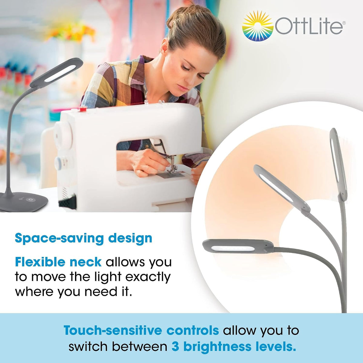 OttLite Soft Touch LED Desk Lamp, 3 Brightness Settings, Grey