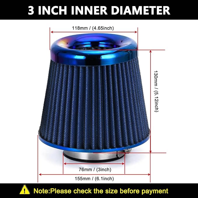Cold Air Intake Filter, High Performance, Washable Filter, Clamp-On Replacement