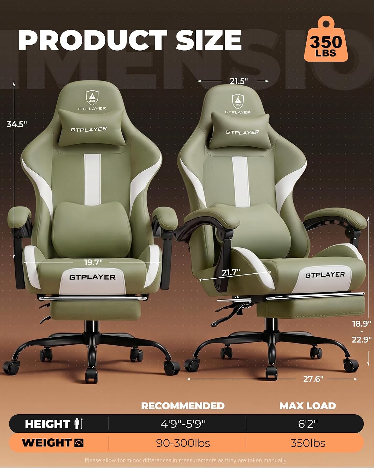 GTPLAYER Gaming Chair with Foot Rest & Pocket Spring Cushion, Ergonomic High Back Computer Desk Chair with Headrest & Lumbar Support for Back Pain Relief, Breathable Fabric, Green