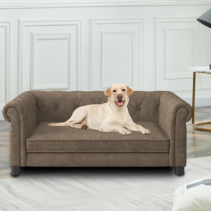 Elevated Rectangle Dog Sofa for Small & Medium Dogs - Comfortable Linen Fabric Dog Bed with Button Tufted Back, Durable Modern and Stylish Pet Bed for Living Room, Bedroom (Brown)