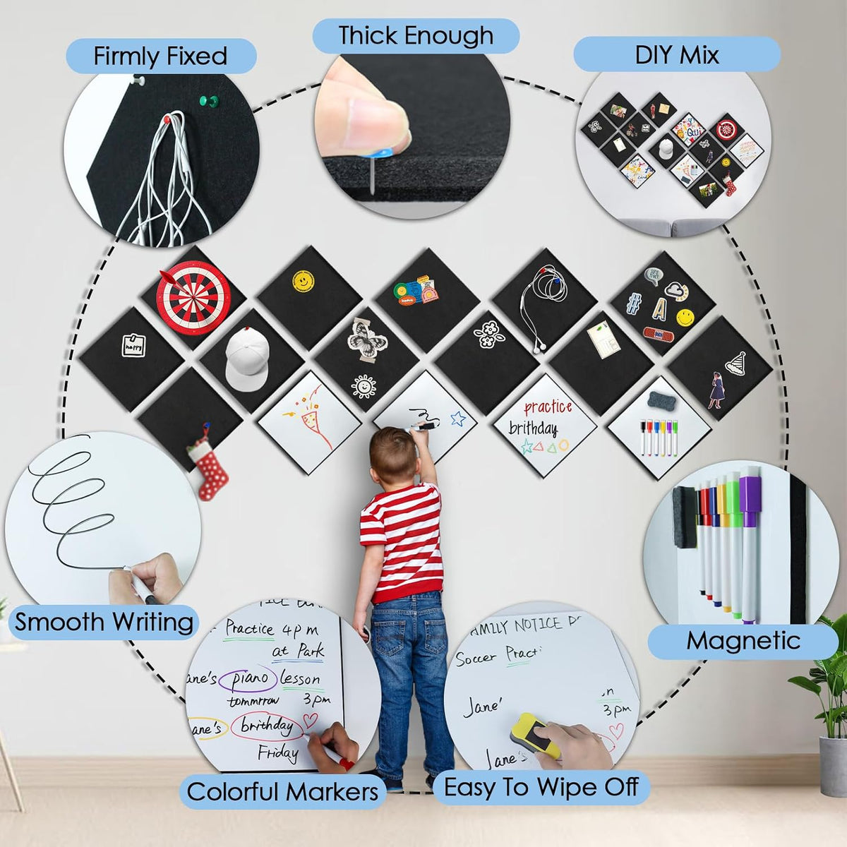 BXI Felt Bulletin Board with Pins & Magnetic Dry Erase Whiteboard Combo, 16 Pcs 12 X 12 X 3/8 Inch Self-Adhesive Vision Display Tiles, Note Memo Panels for Home School Education Office Wall Decor