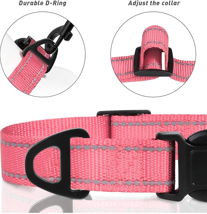 TagME Reflective Nylon Dog Collars, Adjustable Classic Pet Collar with Quick Release Buckle for Medium Dogs, Baby Pink, 1.0" Width