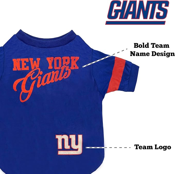 Pets First NFL New York Giants T-Shirt for Dogs & Cats, Small. Football Dog Shirt for NFL Team Fans. New & Updated Fashionable Stripe Design, Durable & Cute Sports PET TEE Shirt Outfit (NYG-4146-SM)