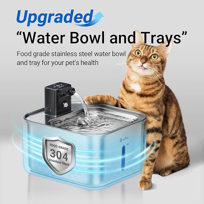 DownyPaws Cat Water Fountain Stainless Steel Wireless, 101 oz/3L FurSink Cordless Water Fountain for Cats, Battery Operated Cat Fountains for Drinking with Motion Sensor, Easy Clean, Metal & 6 Filters
