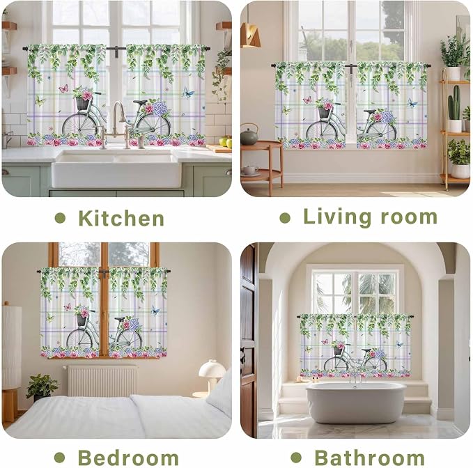 Spring Tier Curtains, Bicycles Botanical Leaves Rose Colorful Stripes Light
