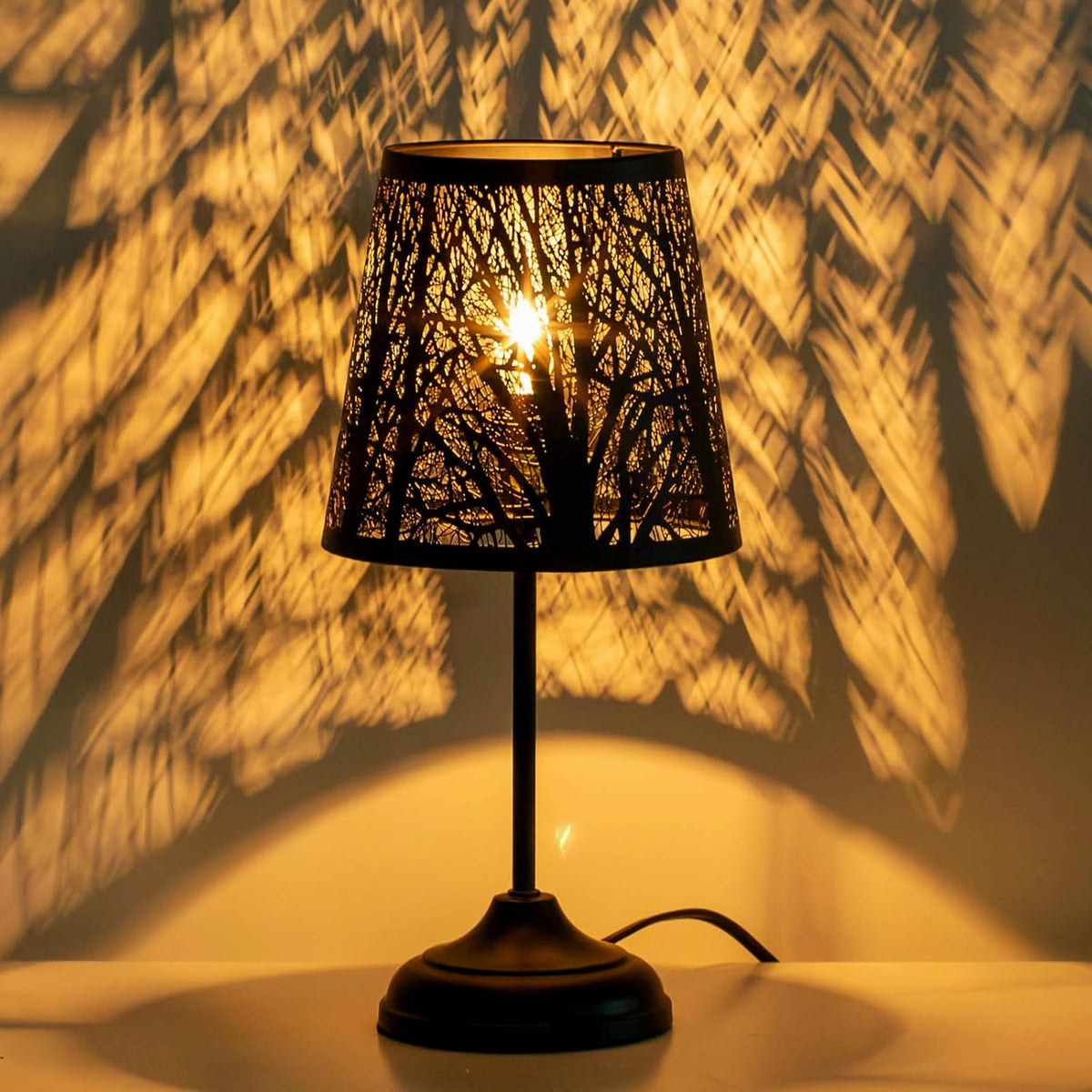 ZQQLITE Touch Control Table Lamp, Black Metal Tree Pattern Shadow Lamp Lights Mini Lamps with dimmable 3-Levels Brightness Vintage Accent Decor Lamp Indoor Mood Lighting Bedroom Living Room (Black)