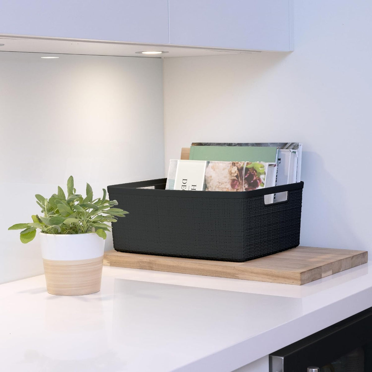 Curver Set of 6 Medium 12L Jute Decorative Plastic Organization and Storage Baskets - Perfect Bins for Home Office, Closet Shelves, Kitchen Pantry and All Bedroom Essentials, Black