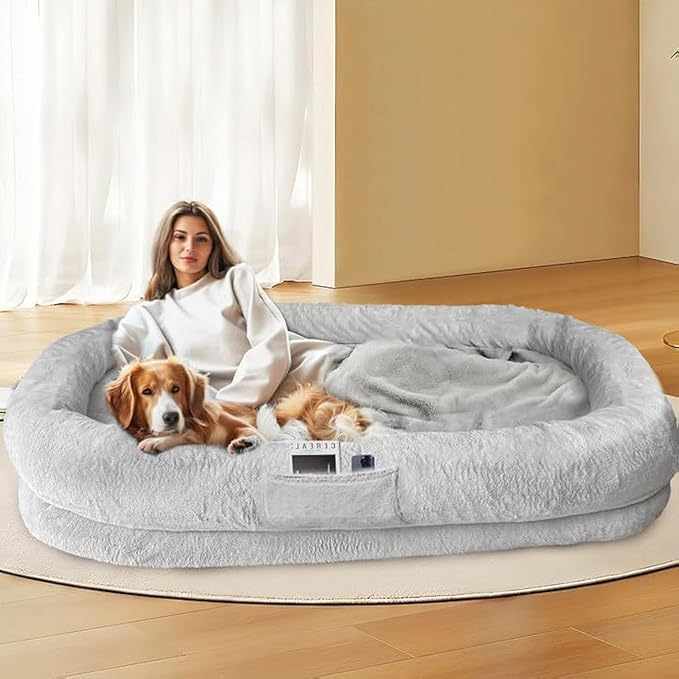 L&W BROS. Human Dog Bed for Adults - XL Orthopedic Dog Bed with Memory Foam and Faux Fur Cover - 71" X47"W X12 H - Ultimate Comfort for You and Your Furry Friend (Light Gray)