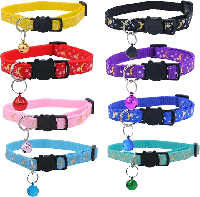 Set of 2: KioKatt Celestial Nylon Cat Collars with Matching Bells – Adjustable Breakaway Safety Collars for Adult Cats, 7–11" (Green + Blue)