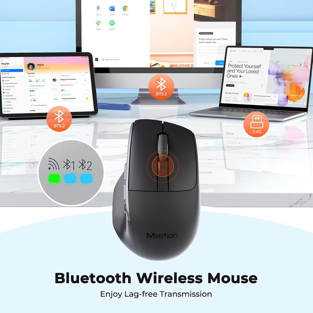 MEETION Wireless Mouse with 5 Side Buttons, Dual Mode Silent, Black