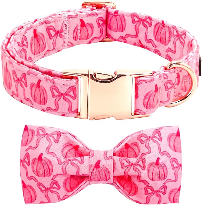 Dog Collar, Pink Pumpkin Print Adjustable Pet Collar Cute Cotton Soft Collars with Bow Tie Fall Metal Buckle Holiday Puppy Collars Boy&Girl Gift for Medium Dogs