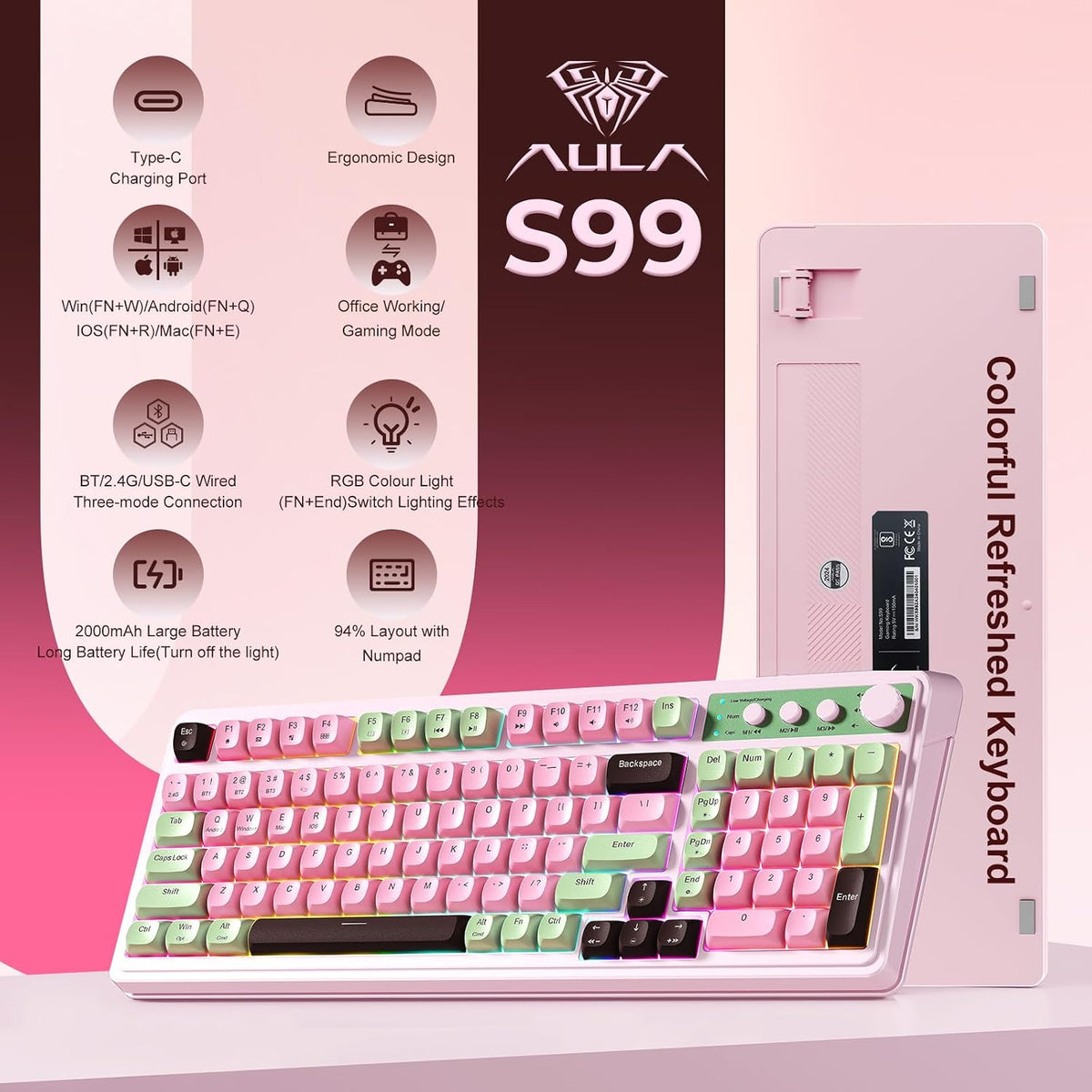 AULA Keyboard, Wireless Gaming Keyboard Creamy Bluetooth Computer Keyboards