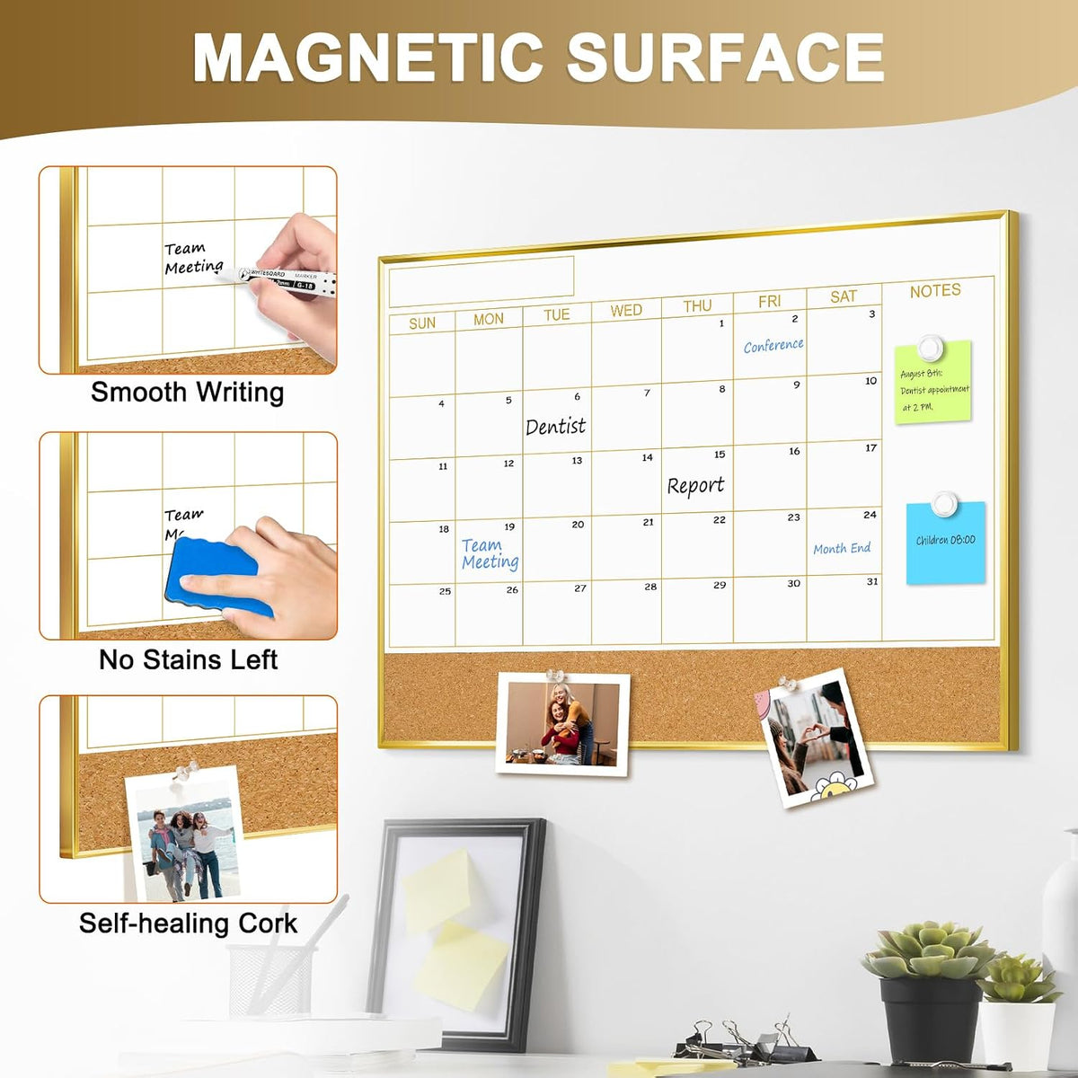 Dry Erase Calendar Whiteboard, 36"x24" Monthly White Board with Cork Board