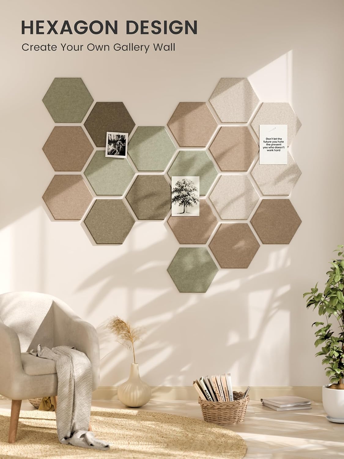 Fluxynara 15-Pack Hexagon Felt Bulletin Board Tiles, Linen Dusk