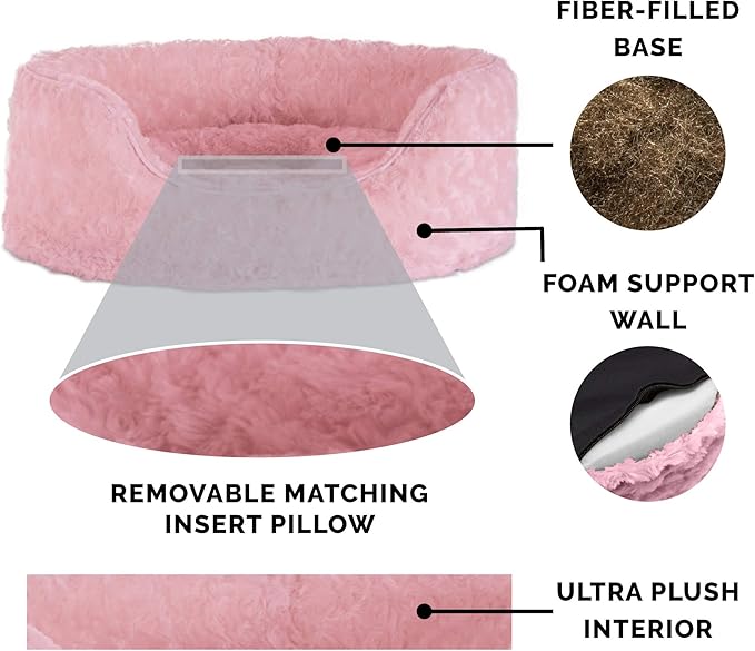 Furhaven Dog Bed for Small Dogs w/ Removable Washable Cover & Pillow Cushion Insert, For Dogs Up to 12 lbs - Ultra Plush Faux Fur Oval Lounger - Pink, Small